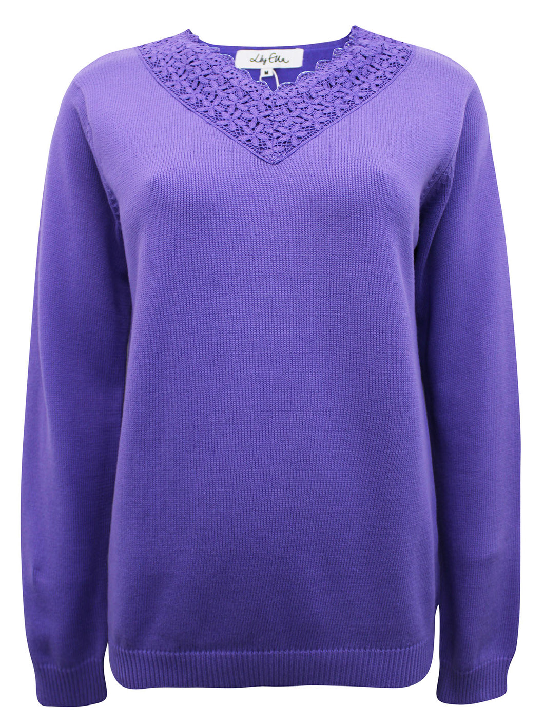 Ladies Lily Ella Purple Crochet Lace V-neck Cotton Jumper