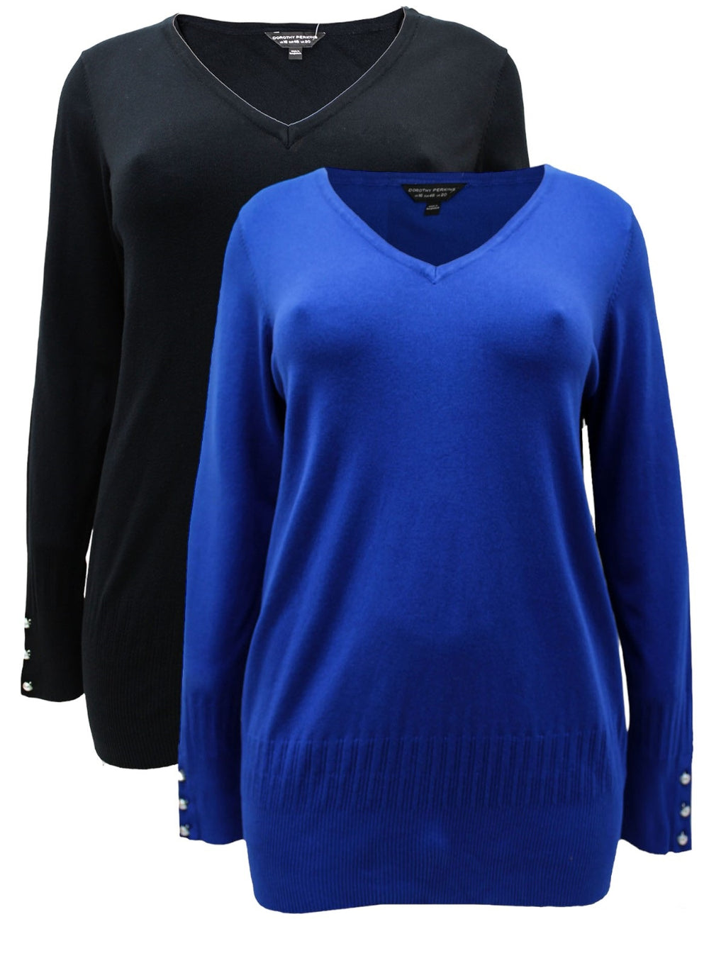 Ladies Blue Black Pearl Button Cuff Soft Knit V-Neck Plus Size Jumpers
