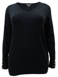 Ladies Blue Black Pearl Button Cuff Soft Knit V-Neck Plus Size Jumpers