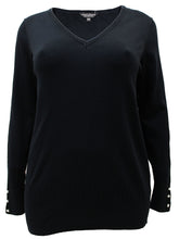 Load image into Gallery viewer, Ladies Blue Black Pearl Button Cuff Soft Knit V-Neck Plus Size Jumpers
