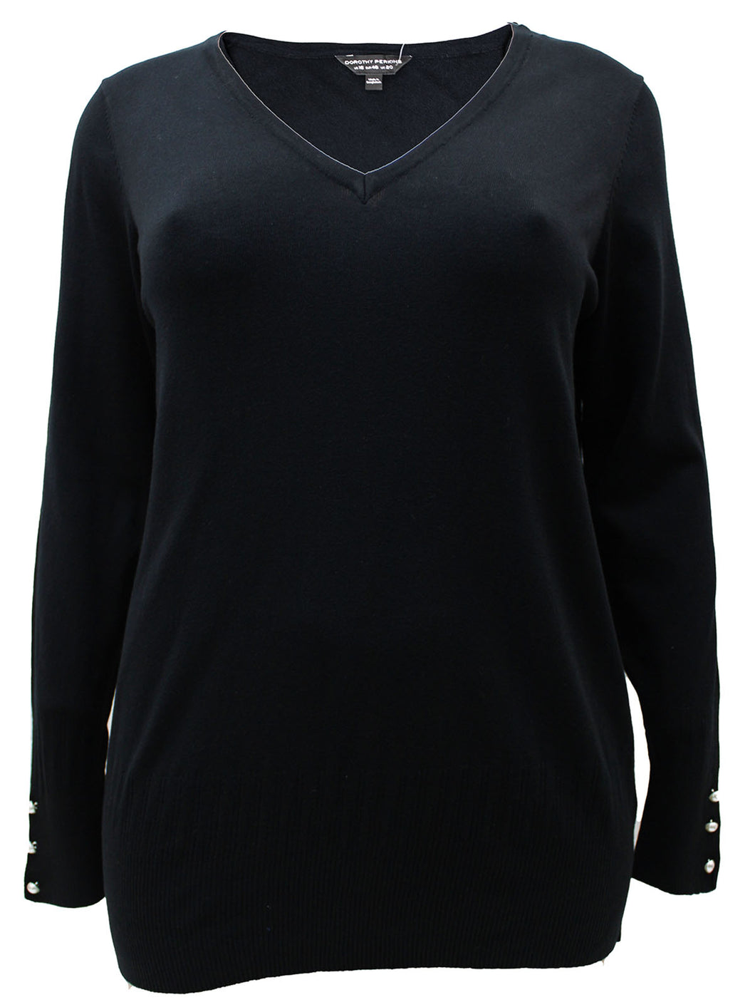 Ladies Blue Black Pearl Button Cuff Soft Knit V-Neck Plus Size Jumpers