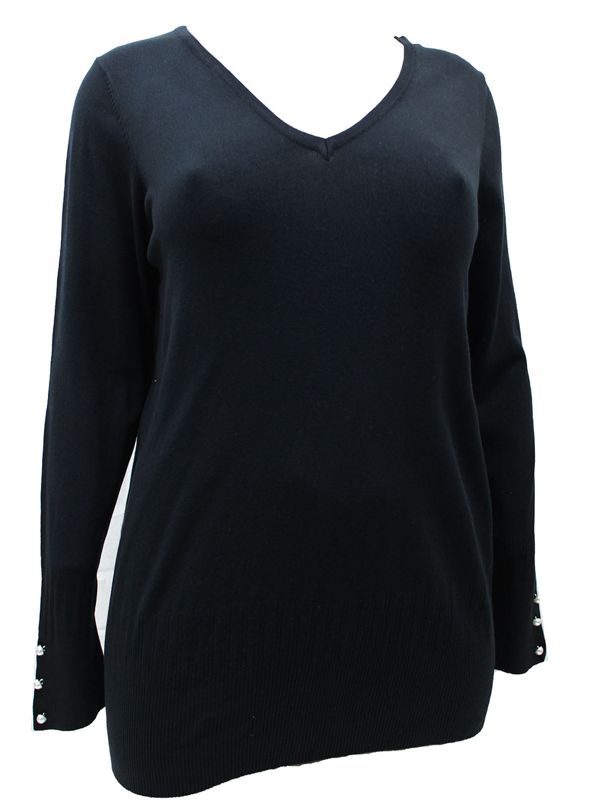 Ladies Blue Black Pearl Button Cuff Soft Knit V-Neck Plus Size Jumpers