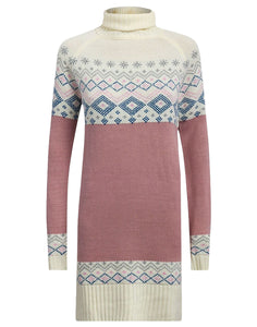 Ladies Pink Multi Knitted Roll Neck Long Sleeve Jumper Dress