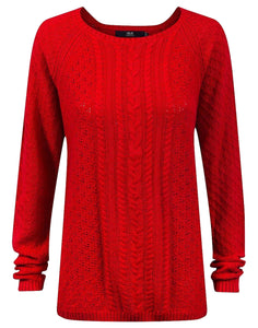 Ladies Red Openwork Cable Knitted Jumper