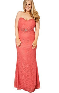 Coral Beaded Lace Strapless Evening Dress