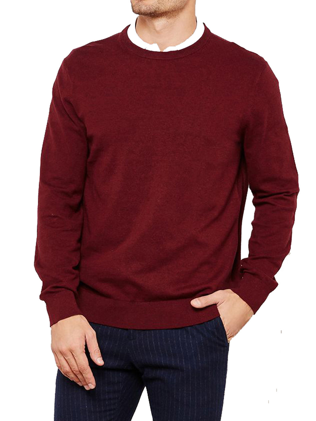 Men Dark Red Cotton Blend Crew Neck Knitted Jumper