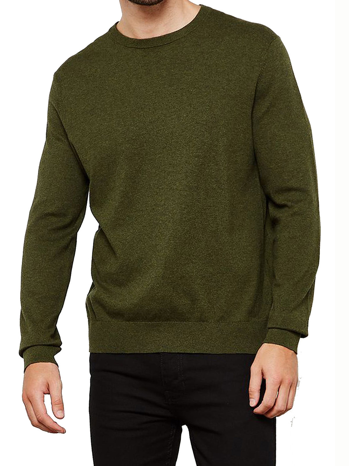 Mens Khaki Cotton Blend Crew Neck Knitted Jumper