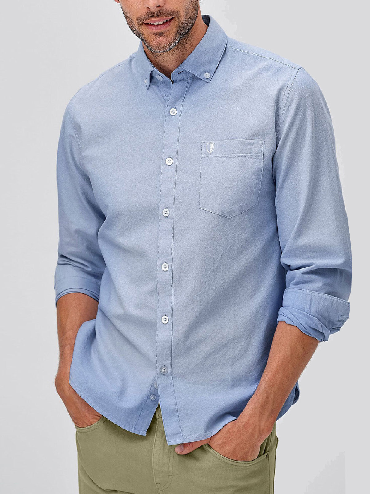 Mens Sky-Blue Pure Cotton Oxford Collared Long sleeves Shirt