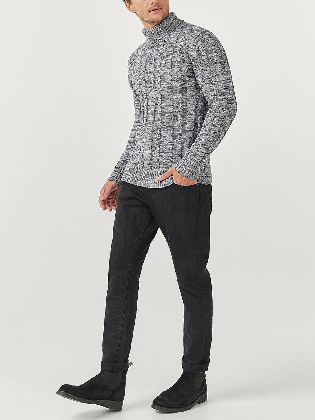 Mens Grey Marl Cotton Ribbed Knit Roll Neck Jumper