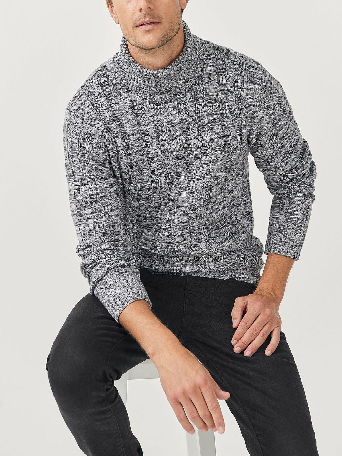 Mens Grey Marl Cotton Ribbed Knit Roll Neck Jumper