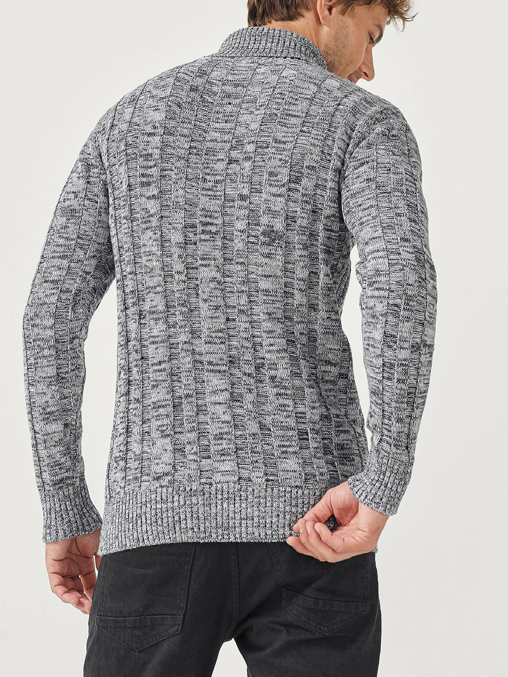Mens Grey Marl Cotton Ribbed Knit Roll Neck Jumper