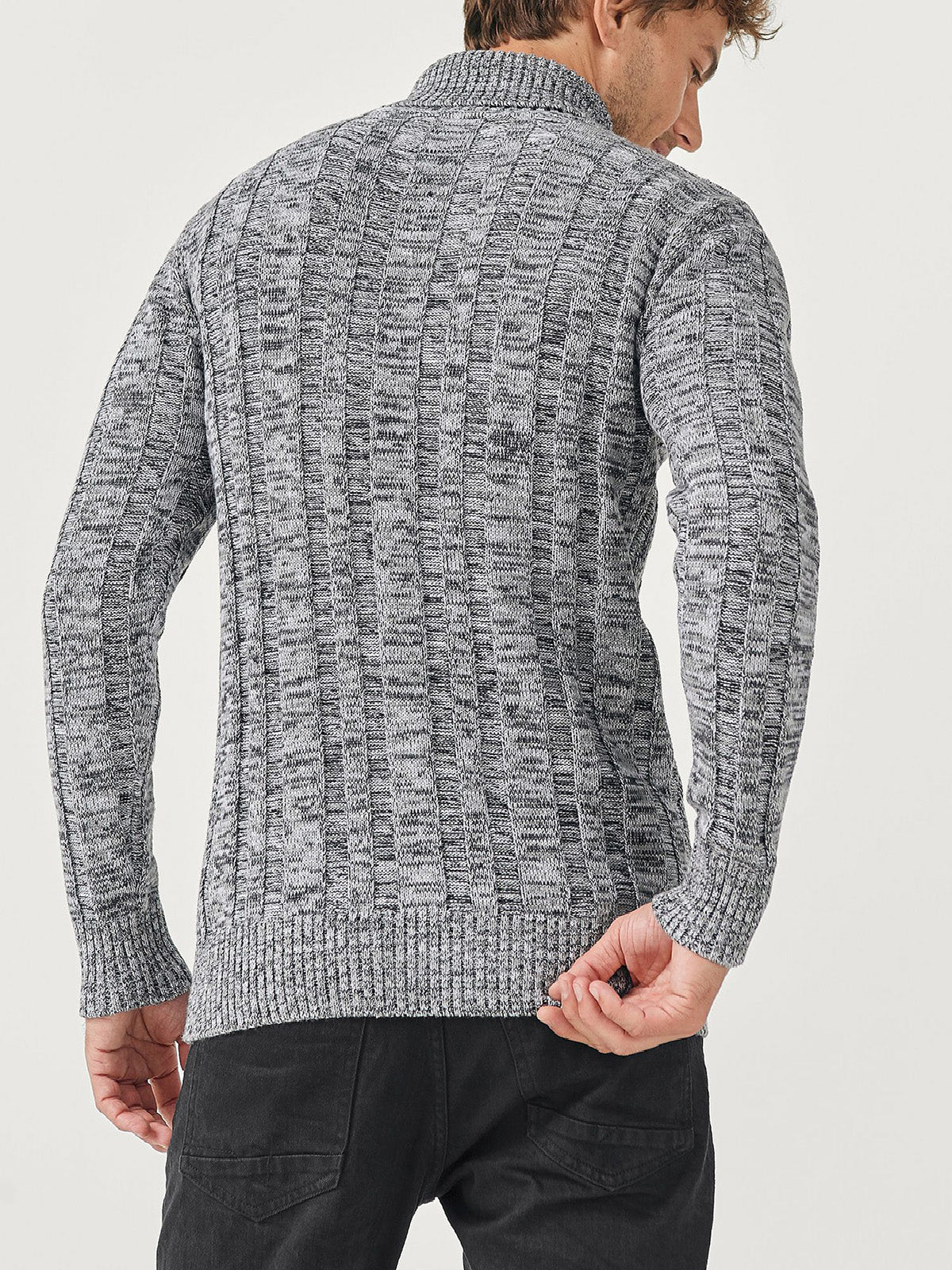 Mens Grey Marl Cotton Ribbed Knit Roll Neck Jumper