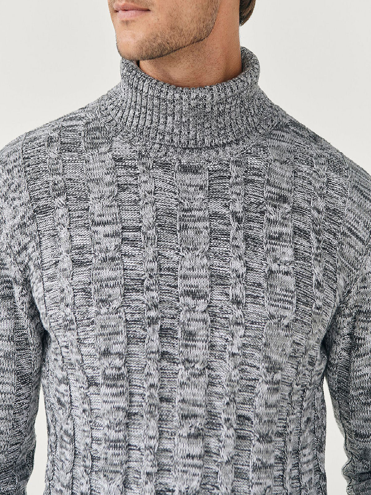 Mens Grey Marl Cotton Ribbed Knit Roll Neck Jumper