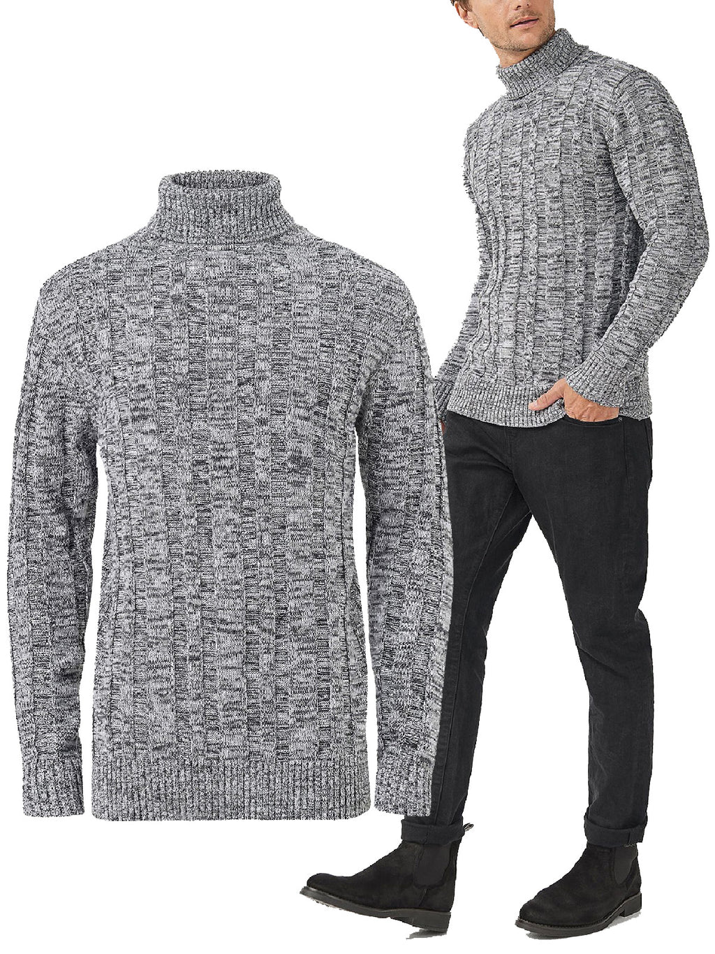 Mens Grey Marl Cotton Ribbed Knit Roll Neck Jumper