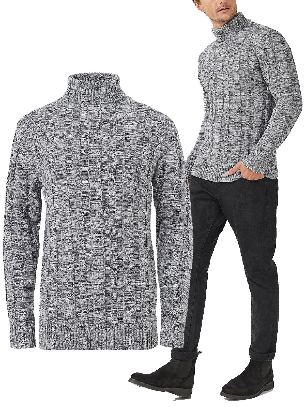 Mens Grey Marl Cotton Ribbed Knit Roll Neck Jumper
