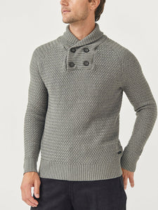 Mens Grey Archie Cotton Ribbed Shawl Collar Jumper