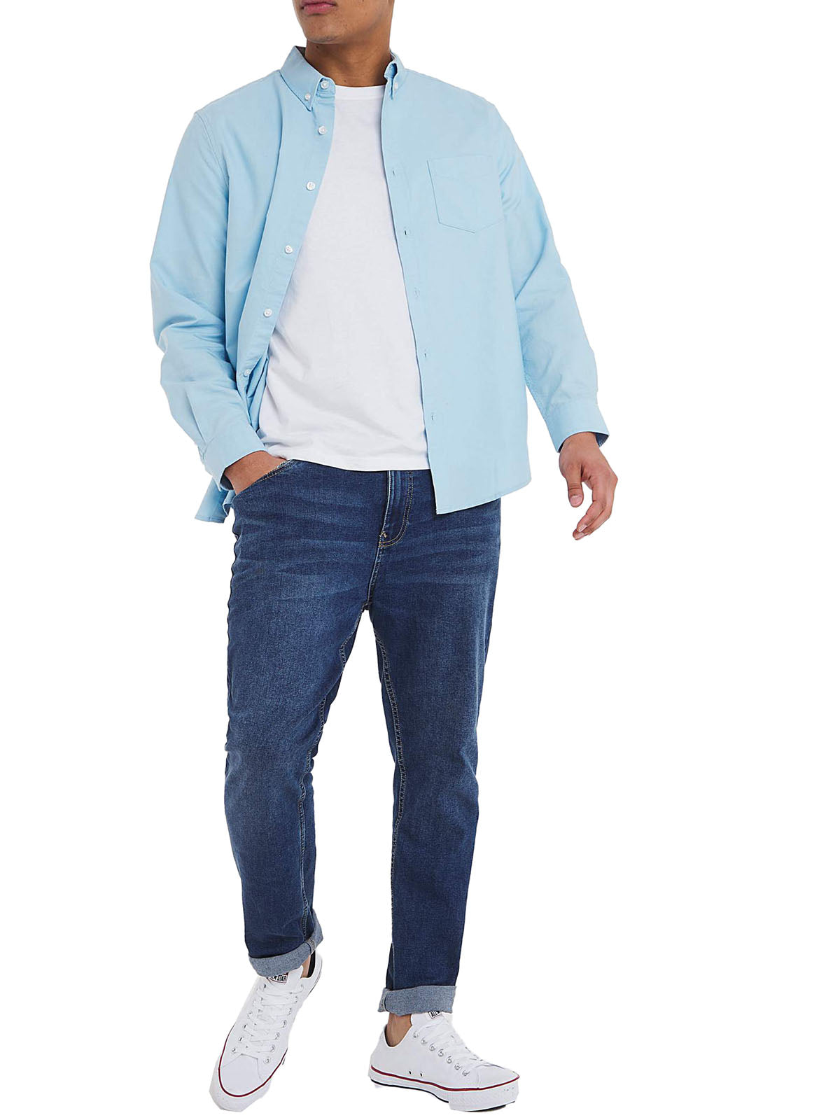 Mens Jacamo Sky Blue Long Sleeve Pure Cotton Oxford Big Tall Shirt