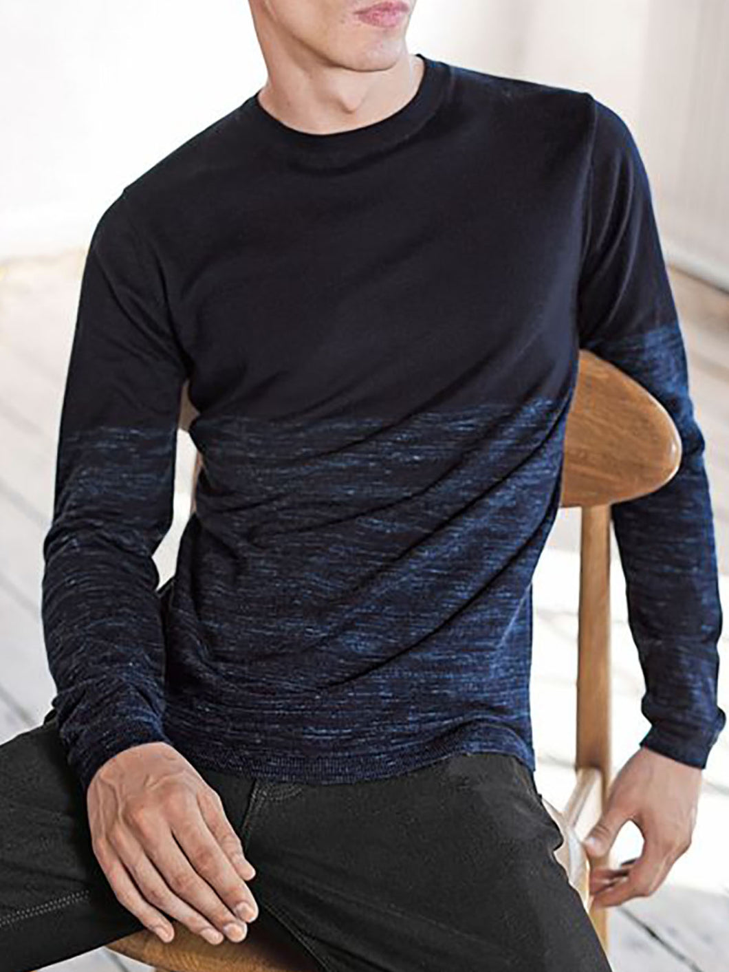 Mens Navy & Blue Brush Color Block Crew Neck Cotton Jumpers