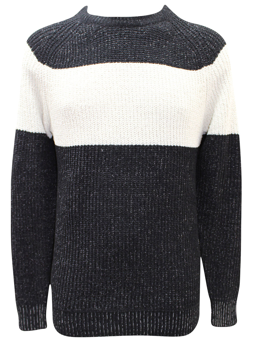 Black Textured Large Stripe Crew Neck Long Sleeve Jumpers