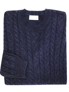 Mens Navy Wool Blend Cable Knit Crew Neck Long Sleeve Jumpers