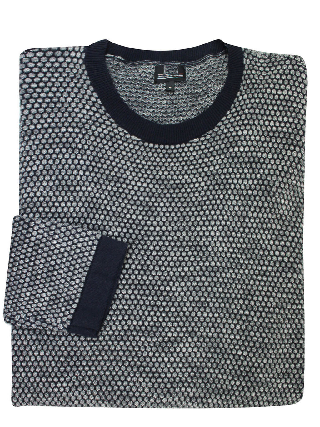 Mens Navy Pure Cotton Honeycomb Textured Ribbed Crew Neck Long Sleeve Jumpers