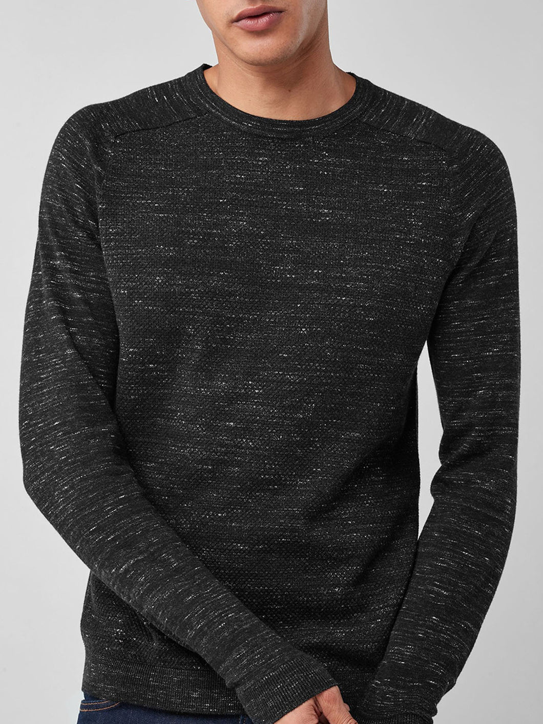 Mens Black Marl Textured Cotton Rich Crew Neck Long Sleeve Jumpers