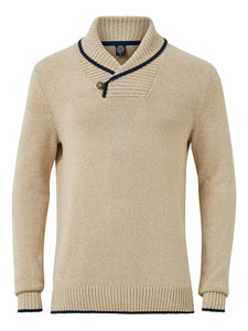 Mens Ecru Ribbed Buttoned Contrast Trim Shawl Neck Knitted Jumpers