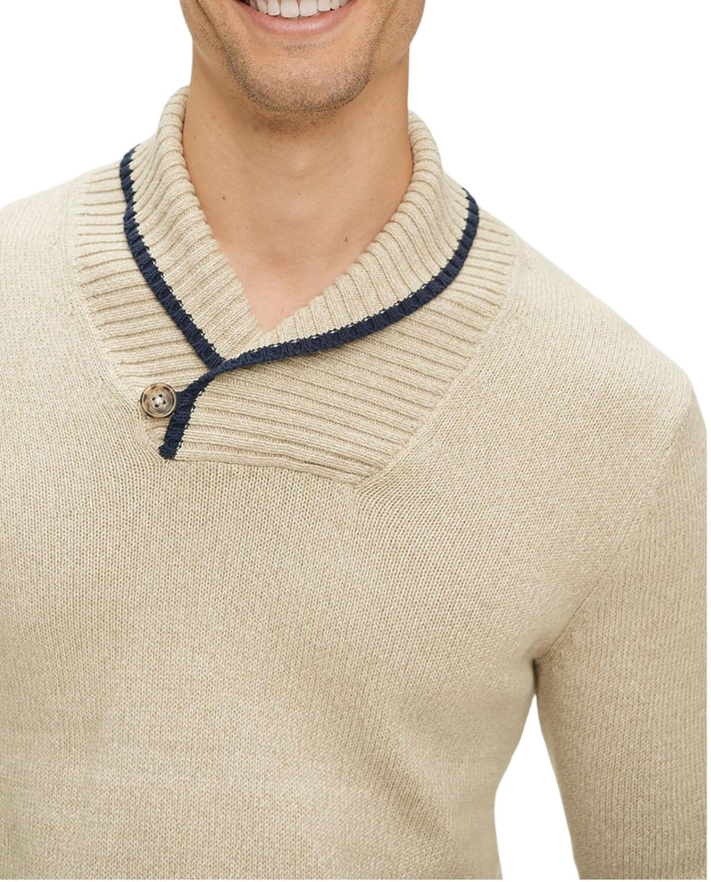 Mens Ecru Ribbed Buttoned Contrast Trim Shawl Neck Knitted Jumpers