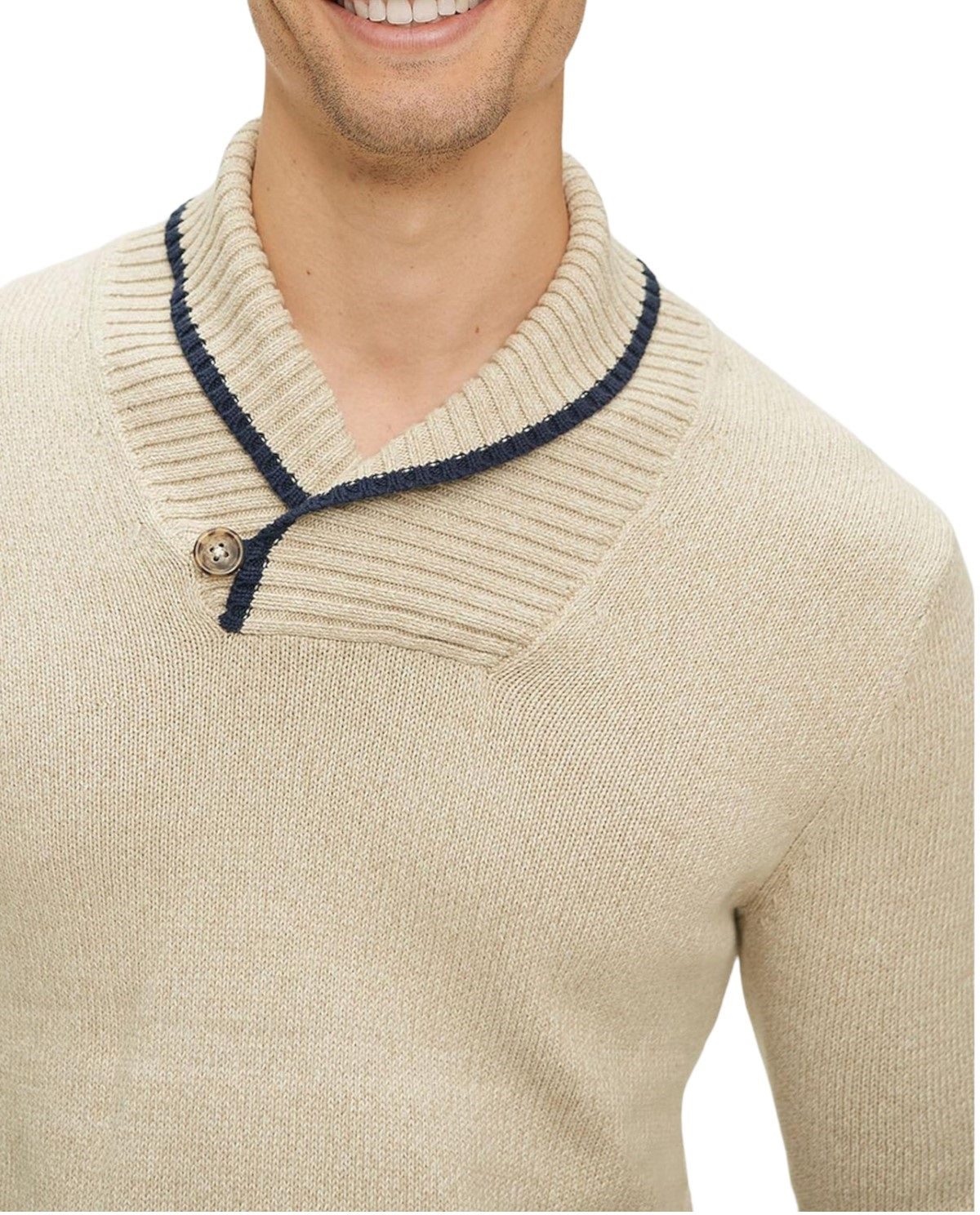 Mens Ecru Ribbed Buttoned Contrast Trim Shawl Neck Knitted Jumpers