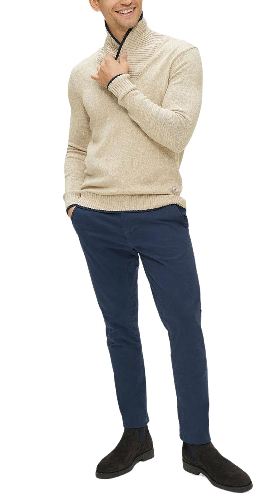 Mens Ecru Ribbed Buttoned Contrast Trim Shawl Neck Knitted Jumpers