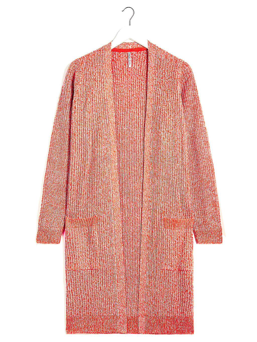 Ladies Orange Marl Open Longline Fisherman Ribbed Pocket Plus Size Cardigan