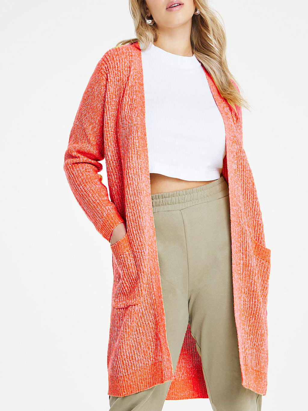 Ladies Orange Marl Open Longline Fisherman Ribbed Pocket Plus Size Cardigan