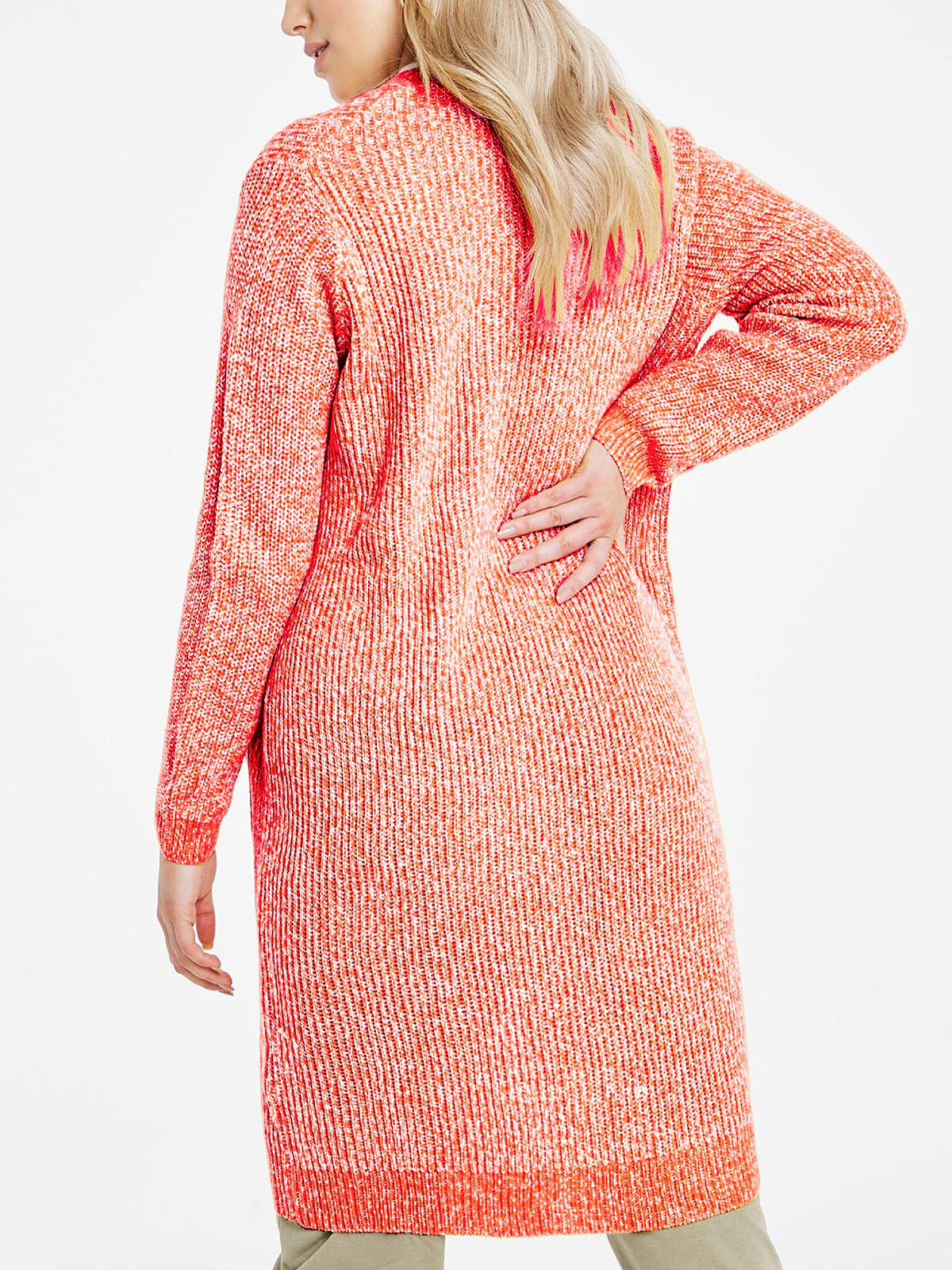 Ladies Orange Marl Open Longline Fisherman Ribbed Pocket Plus Size Cardigan