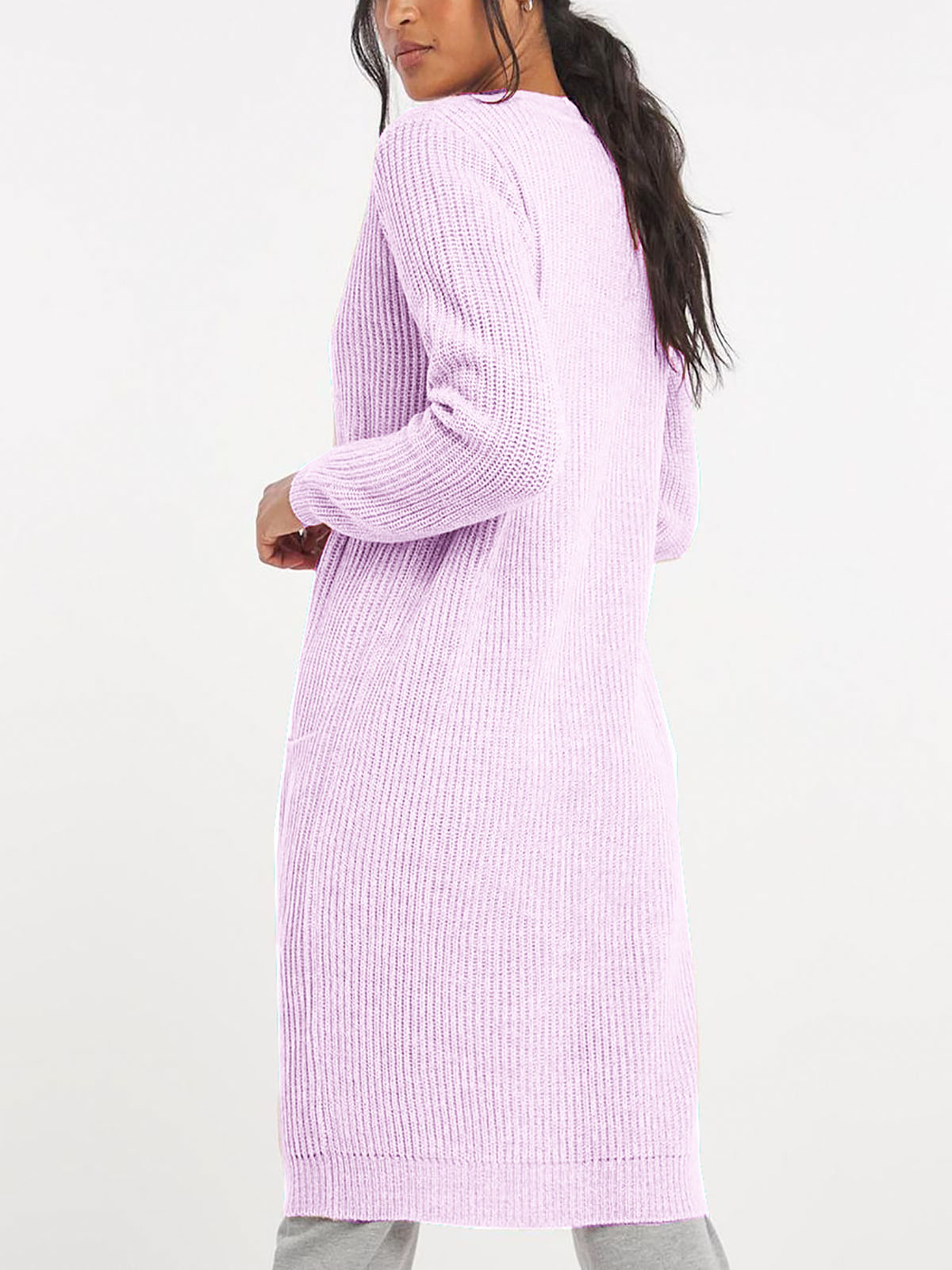 Ladies Pink Open Front Longline Fishermen Ribbed Patch Pocket Plus Size Cardigan