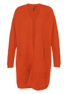 Ladies Burnt Orange Open Longline Fisherman Ribbed Pocket Plus Size Cardigan