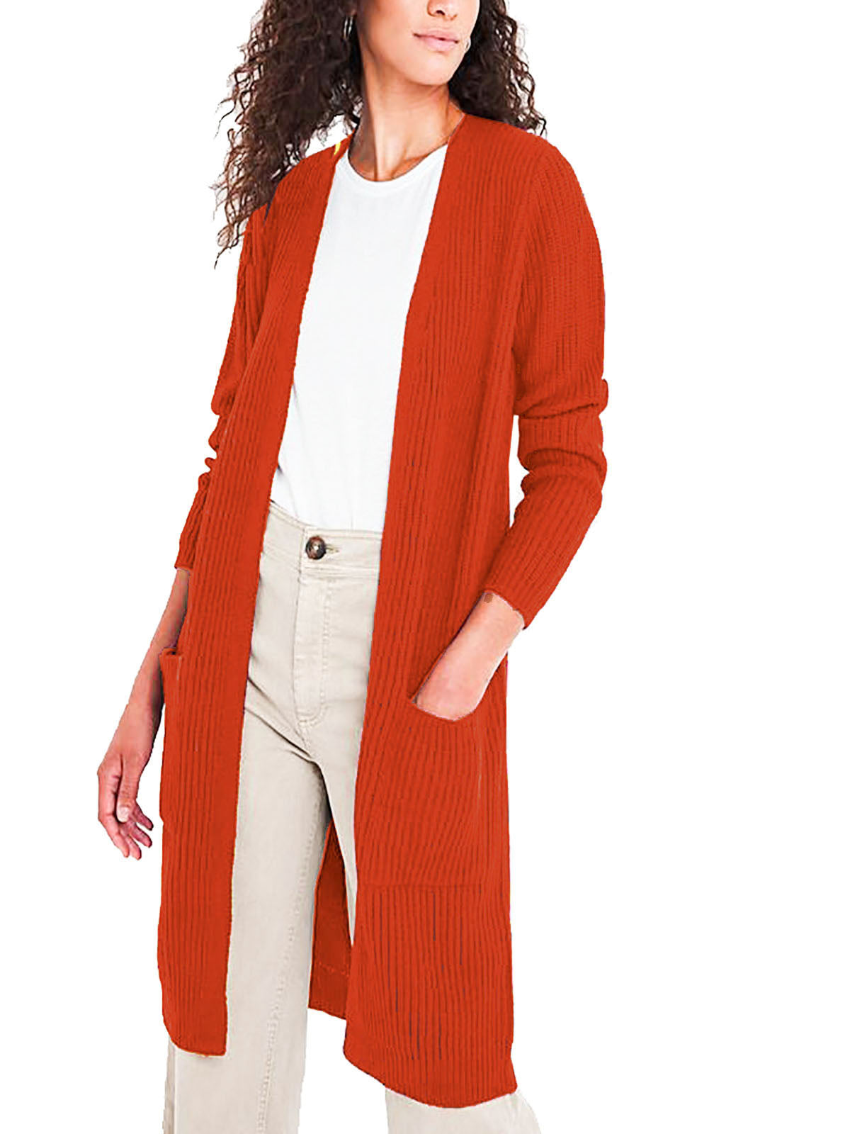Ladies Burnt Orange Open Longline Fisherman Ribbed Pocket Plus Size Cardigan