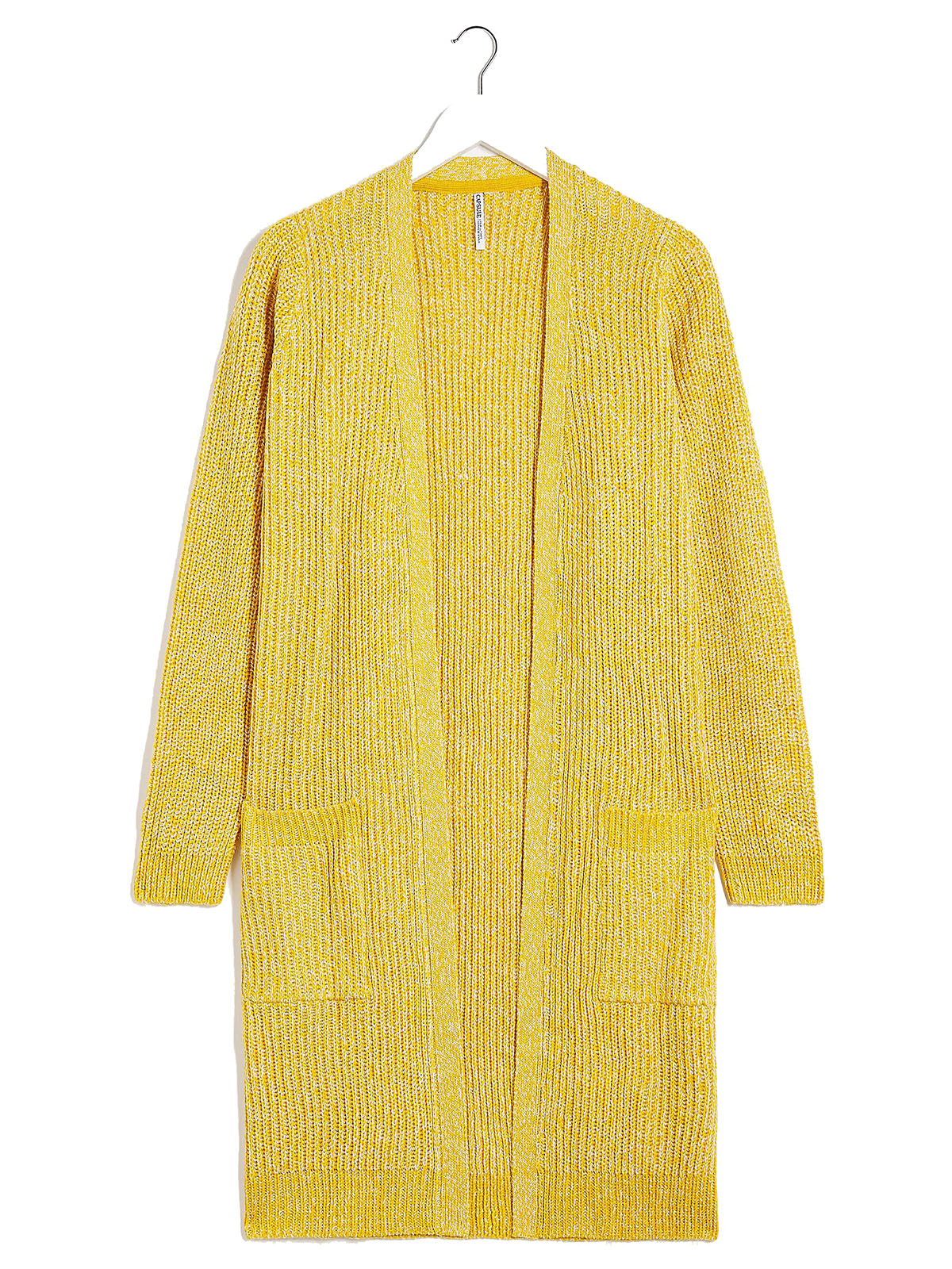 Ladies Yellow Open Longline Fisherman Ribbed Pocket Plus Size Cardigan