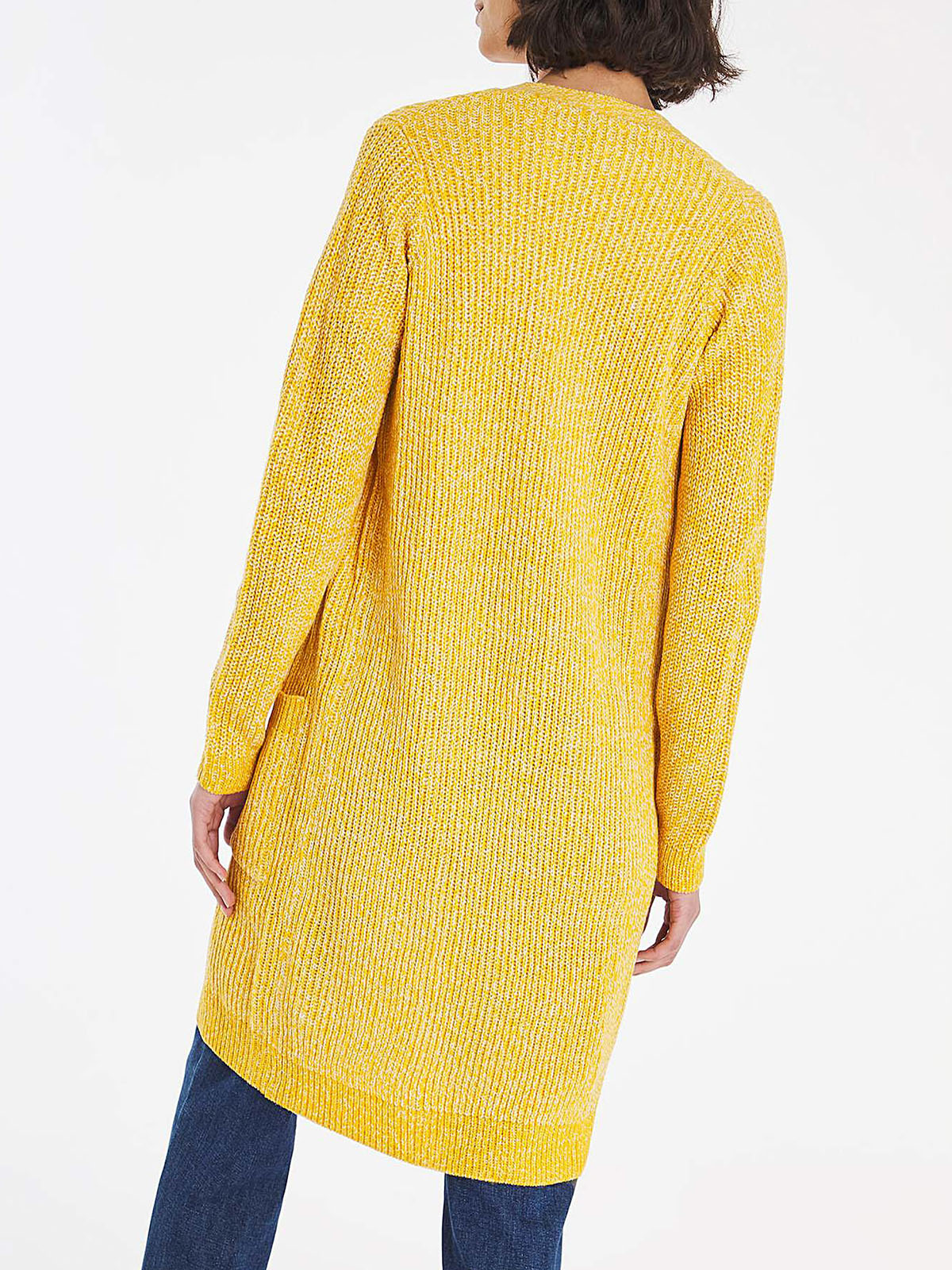Ladies Yellow Open Longline Fisherman Ribbed Pocket Plus Size Cardigan