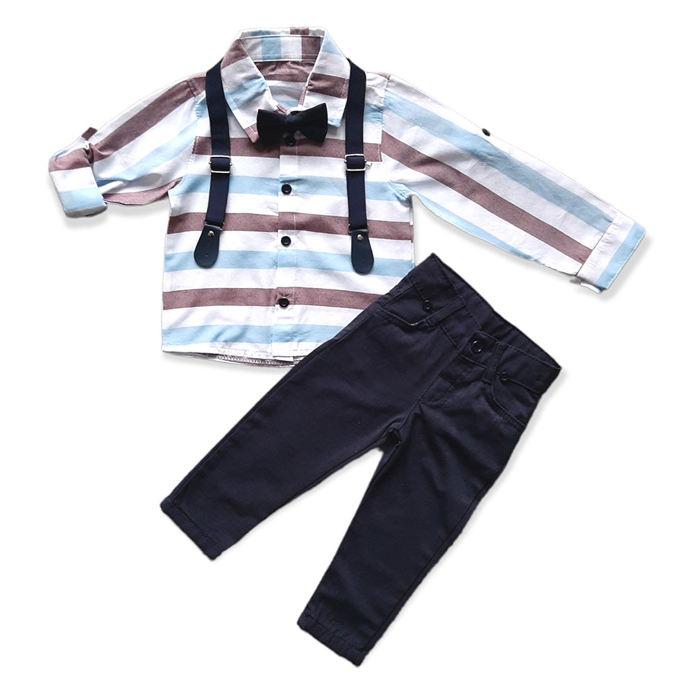 Boys Party Outfit Stripe Collared Shirt Bow Tie Suspender & Navy Trouser Set