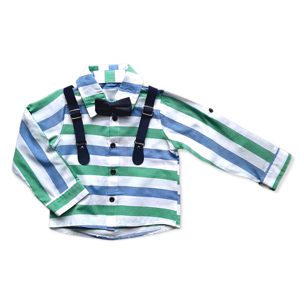 Boys Green Multi Stripes Collared Shirt Bow Tie Suspender & Navy Trouser Set