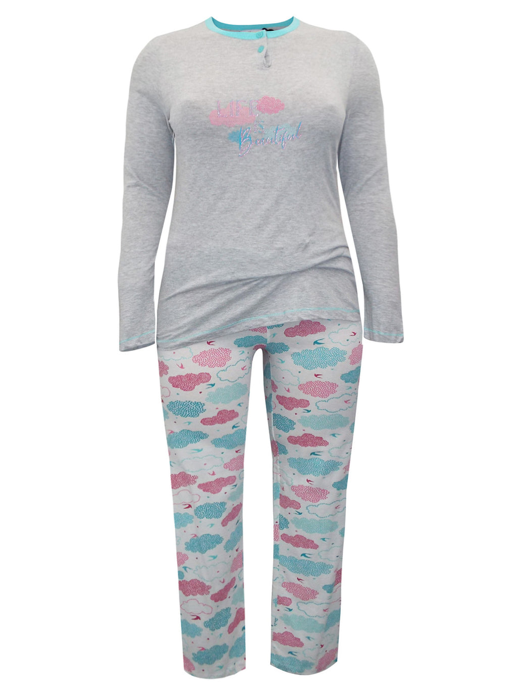 Italian Grey Multi Pure Cotton 'Life is Beautiful' Cloud Print Pyjama Set