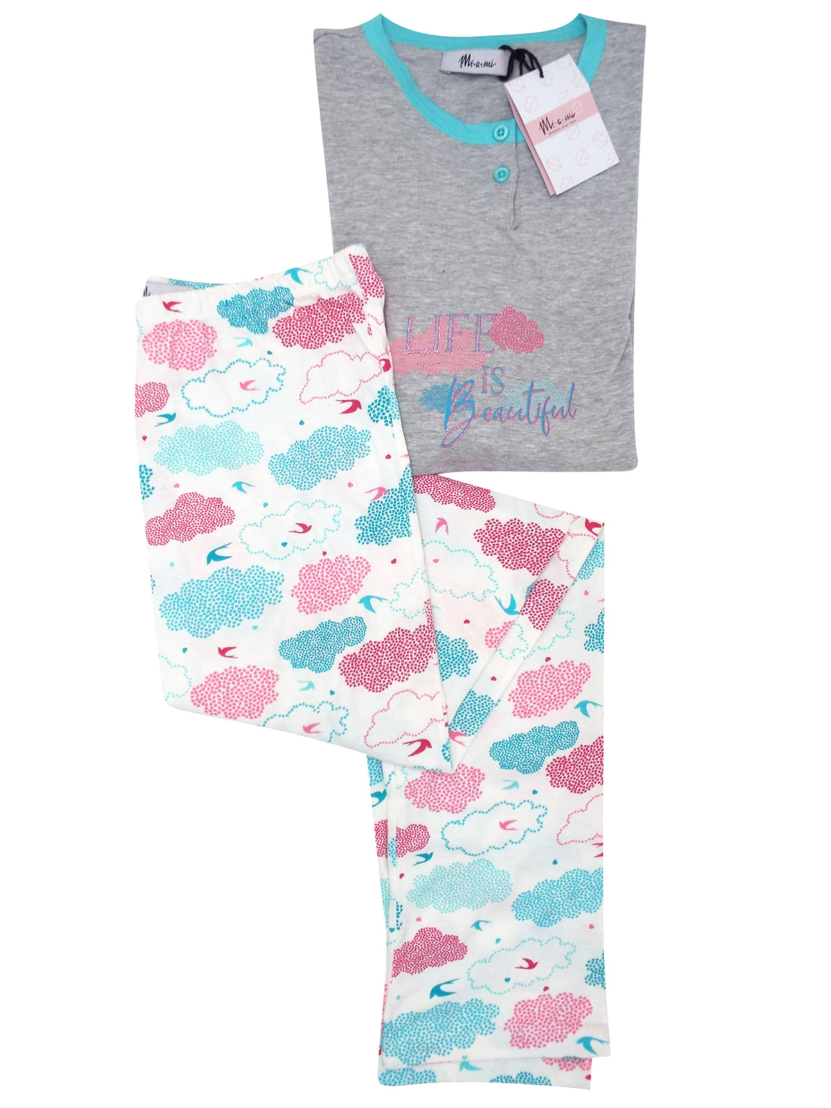 Italian Grey Multi Pure Cotton 'Life is Beautiful' Cloud Print Pyjama Set