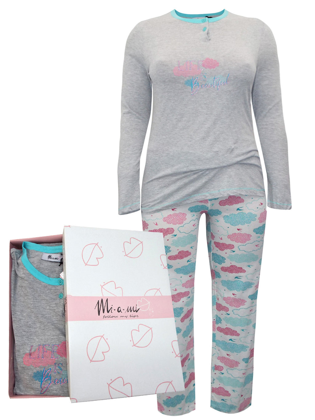 Italian Grey Multi Pure Cotton 'Life is Beautiful' Cloud Print Pyjama Set
