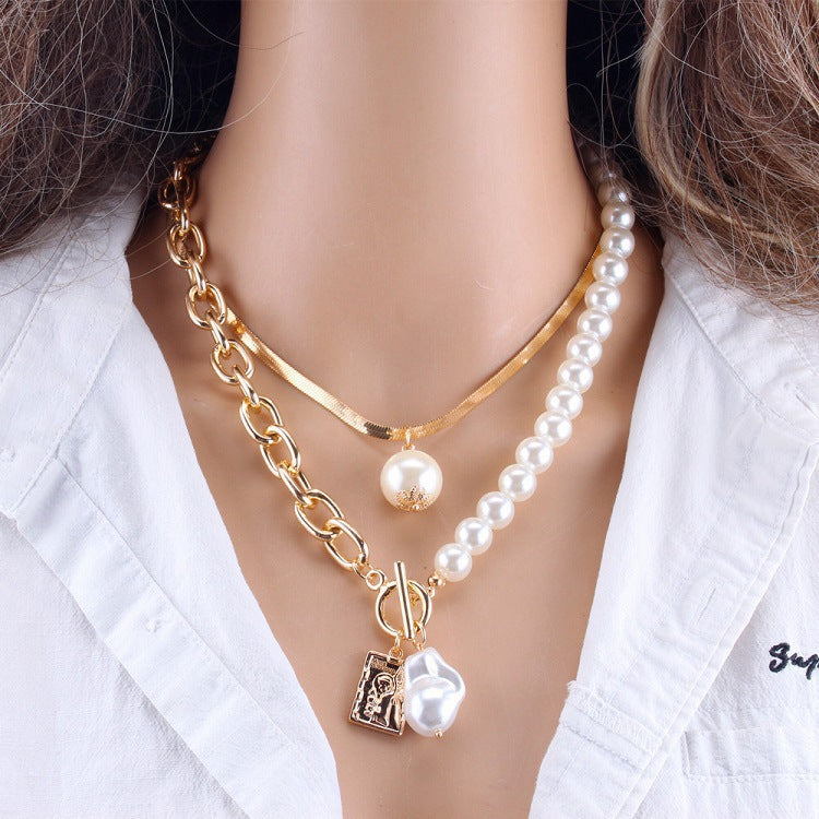 Ladies Gold Tier Multi Layer Pearl Bead Snake Chain Irregular Pearl Drop Pendant