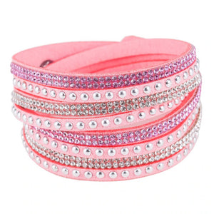 Unisex Paved Leather Rhinestone Bangle Wrap Adjustable Bracelets