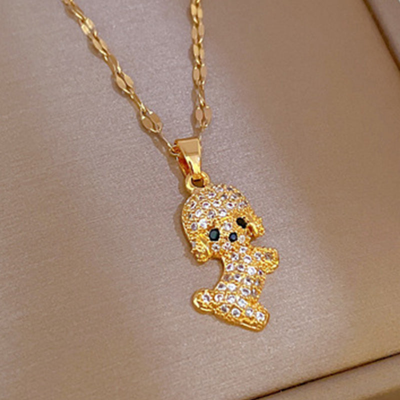 Unisex Gold Stainless Steel Cute Teddy Dog Crystal Pendant Link Chain Necklace