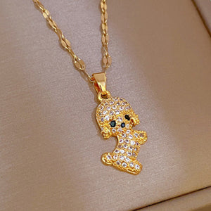 Unisex Gold Stainless Steel Cute Teddy Dog Crystal Pendant Link Chain Necklace