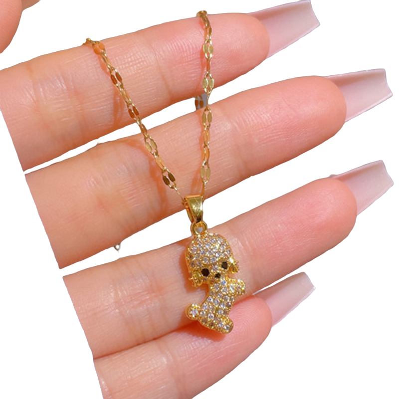Unisex Gold Stainless Steel Cute Teddy Dog Crystal Pendant Link Chain Necklace