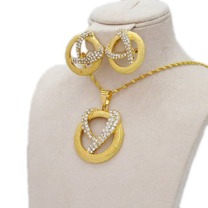 Gold Round Cutout Open Heart Crystal Earrings & Pendant Twist Chain Set