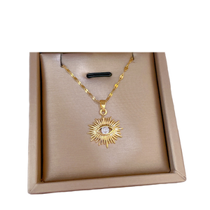 Unisex Gold Plated Sun Splash Crystal Eye Pendant Chain Necklace